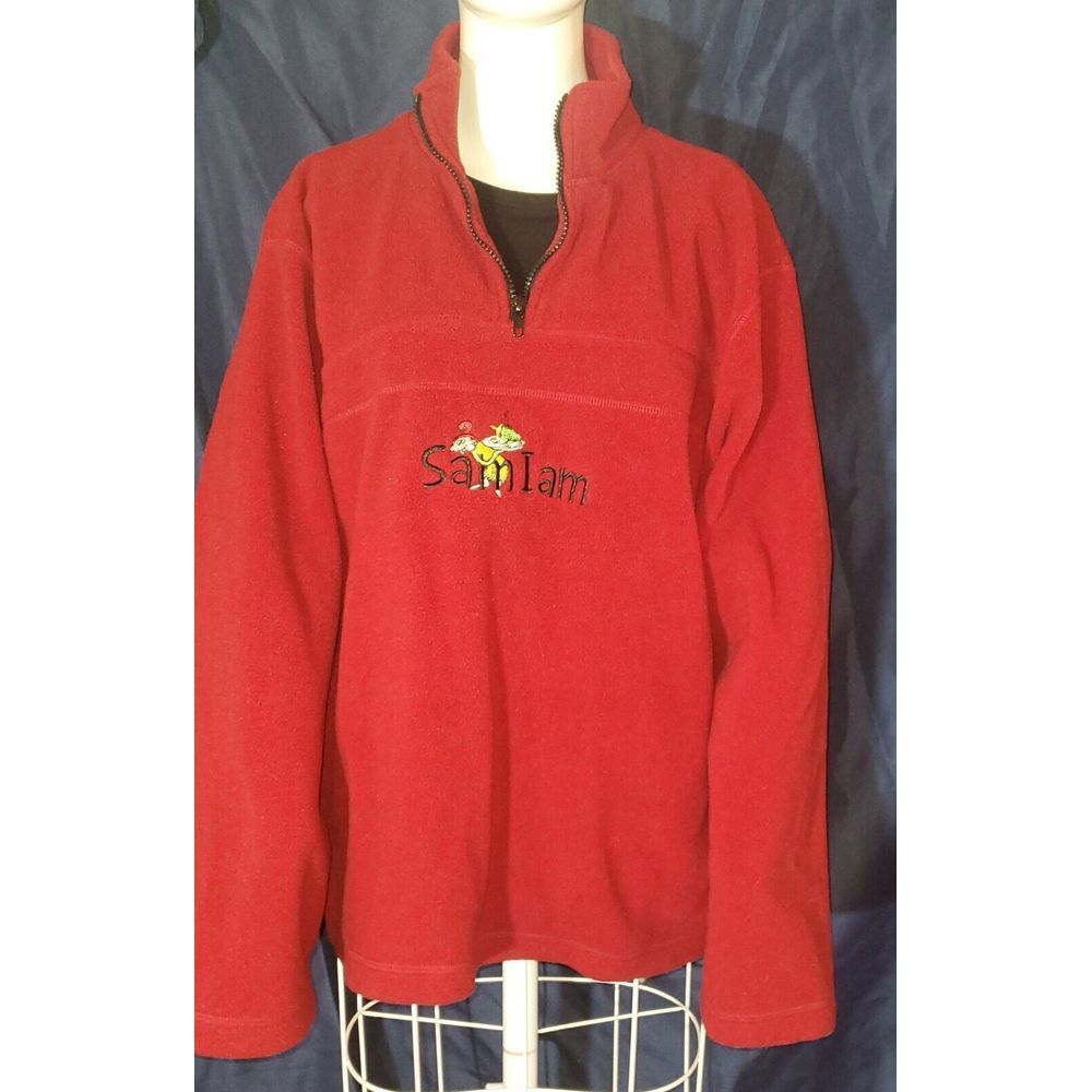 Dr. Seuss Sam I Am M Green Eggs & Ham Logo Red Fleece 1/4 Zip Pullover‎ Jacket